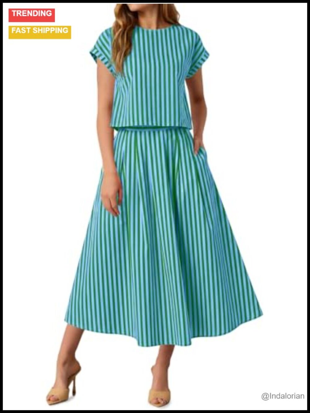 Tankaneo Womens Striped 2 Piece Midi Skirt Set Matching Outfit
